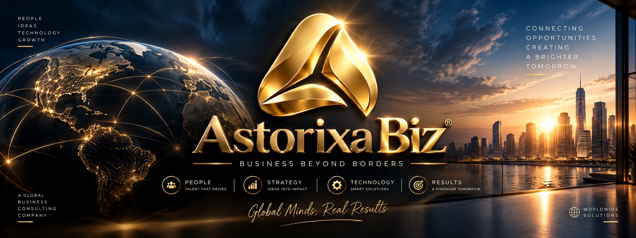 AstorixaBiz — Negocios sin fronteras. Red global conectando América, emblema dorado sobre un skyline urbano al atardecer